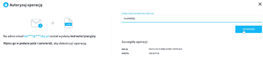Potwierdzenie wypłaty na BitBay.net - autoryzacja operacji kodem
